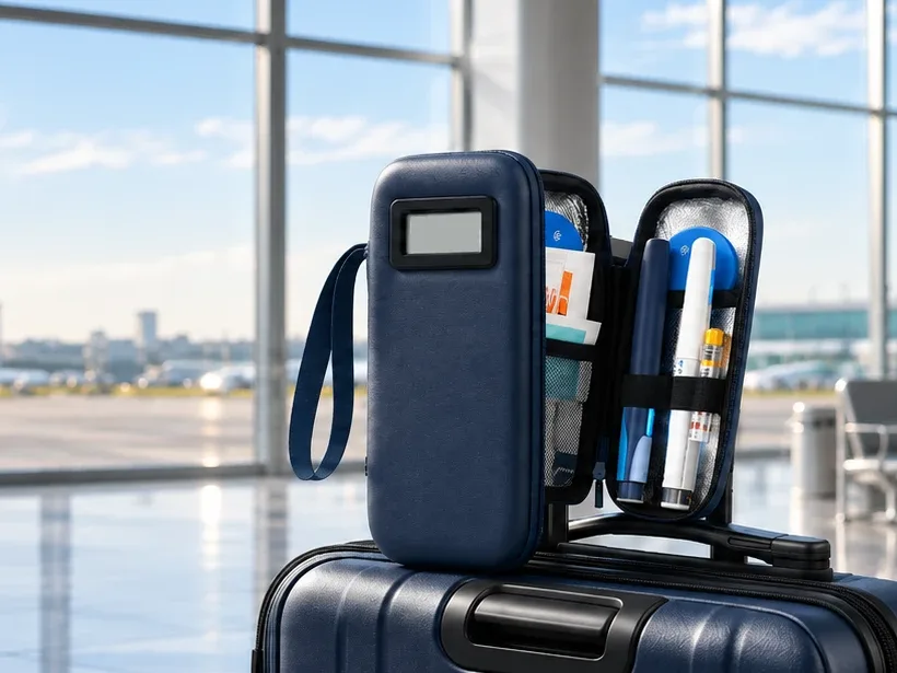 The navy travel cooler open on a carry-on suitcase in an airport terminal, its display on the lid