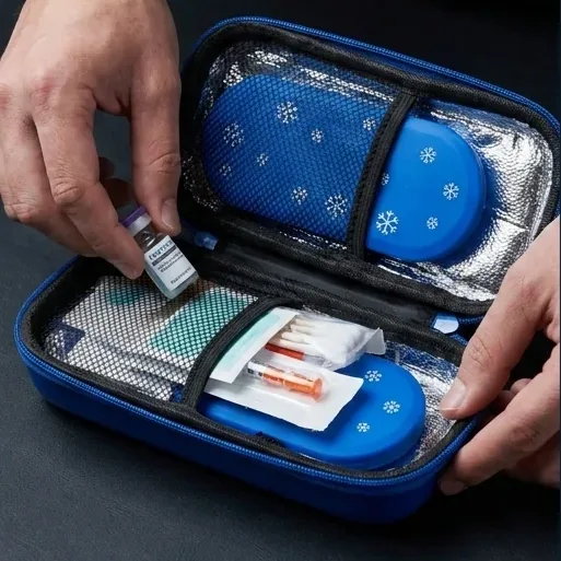 The blue case open on a table with two gel ice packs, a vial and syringes